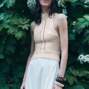 Zara Halter Knit Light Beige Top Open Back With Shell Button Closure Size L